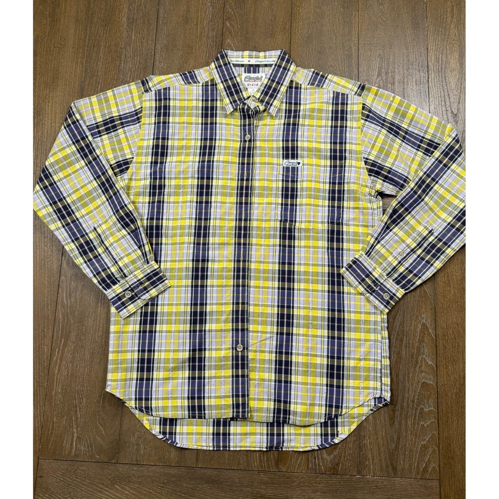 Cowgirl Hardware Women's Plaid Western Shirt Size L Yellow Navy Button Front Rod
